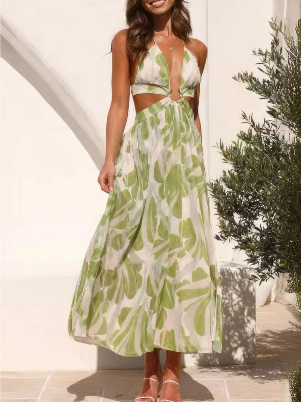 Commense Tropical Palm Print Halter Maxi Dress Backless Green Resort Size L